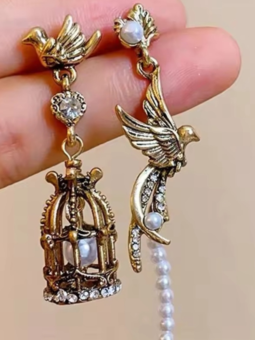 Vintage Gold Bird Pearl Earrings with Crystal Birdcage Charm - Picture 3 of 7